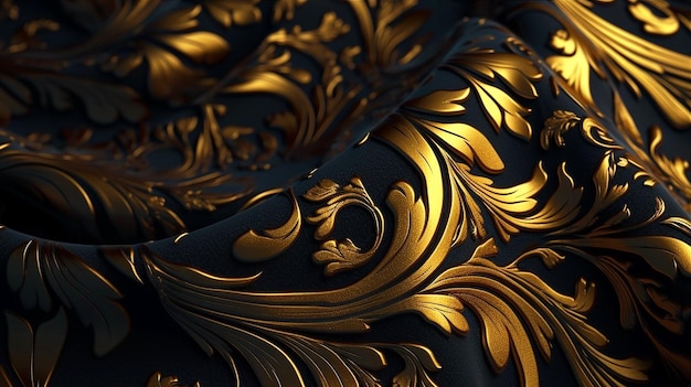 Een zwarte achtergrond met een goud en zwarte stof met een goud patroon Generative ai