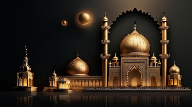 Een zwarte achtergrond met een gouden moskee en een planeet.