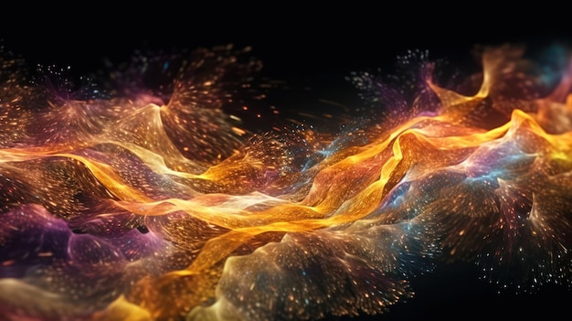 Een zwarte achtergrond met een kleurrijke afbeelding van een vloeistof en vuur.
