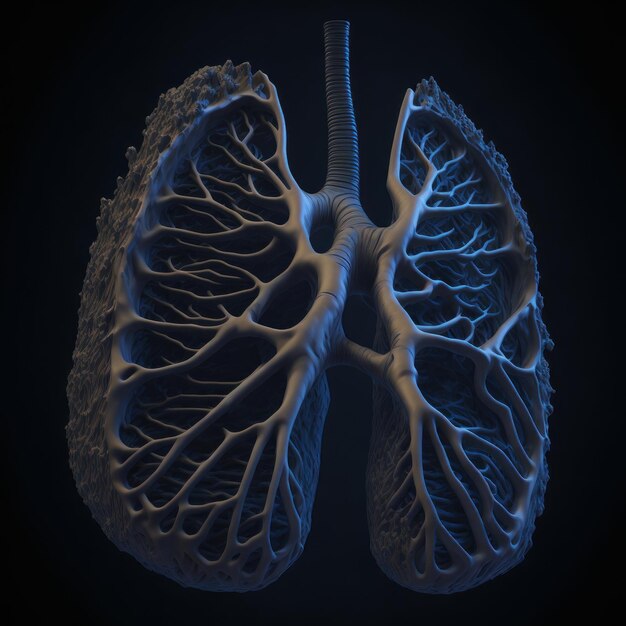 Een zwarte achtergrond met een tekening van een long