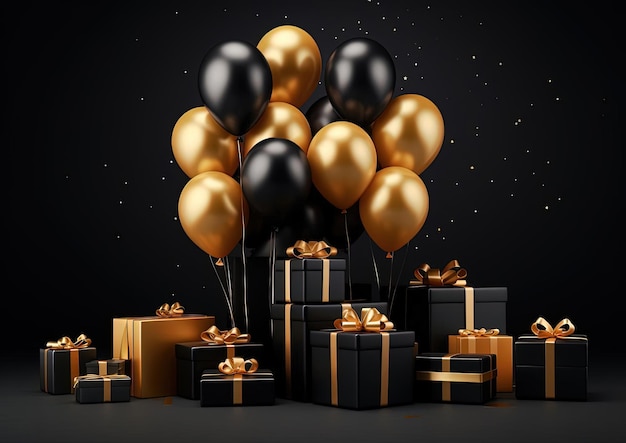 een zwarte achtergrond met gouden ballonnen en dozen in de stijl van fotorealistisch