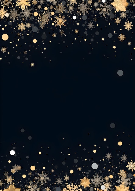 een zwarte achtergrond met gouden sneeuwvlokken en sterren Abstract Zwarte sneeuwvlokken achtergrond Uitnodiging