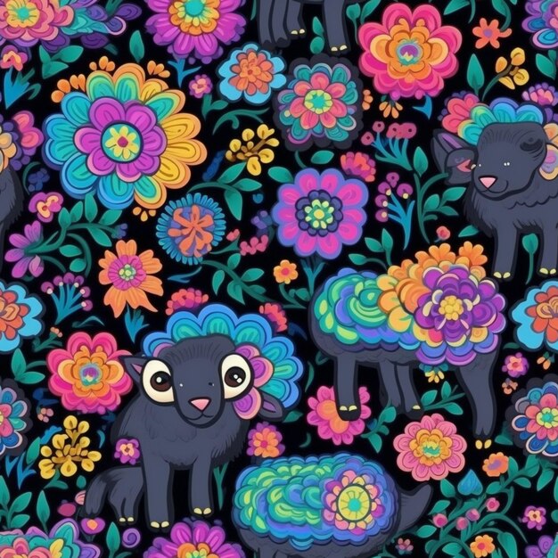 Een zwarte achtergrond met kleurrijke bloemen en schapen erop generatieve ai