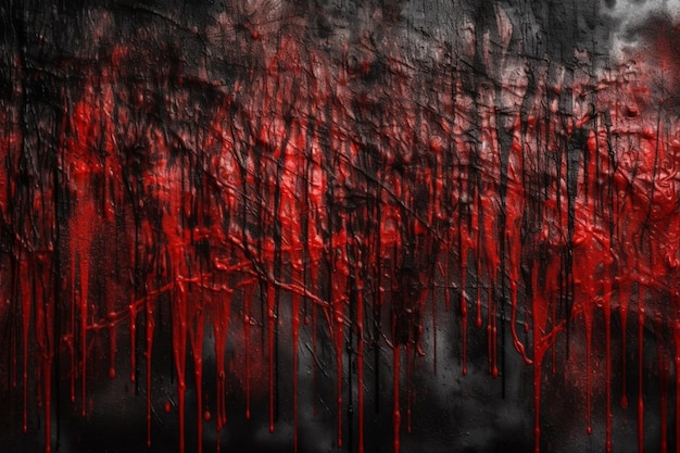 Een zwarte achtergrond met rood bloed dat midden tussen de bomen druipt.