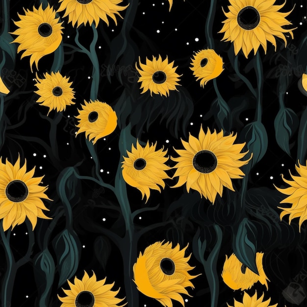 Een zwarte achtergrond met zonnebloemen erop