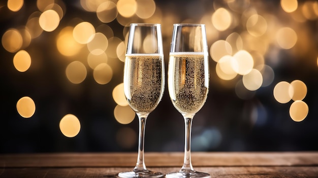 Een zwarte achtergrond versierd met gouden glitter toont twee champagneglazen Genative AI