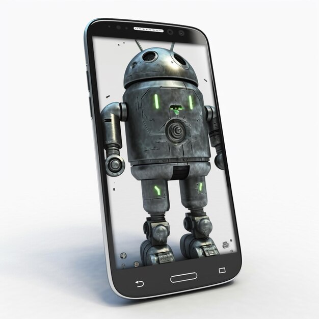 Een zwarte Android-telefoon met een robot op het scherm.