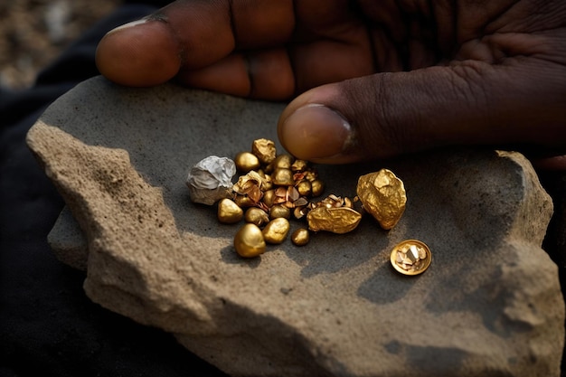 Een zwarte arbeider houdt pure goudklompjes in zijn hand die Ai heeft gegenereerd