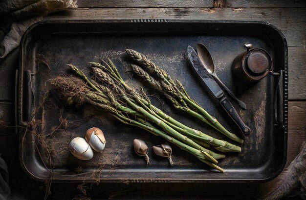 Een zwarte bakplaat met asperges, knoflook en uien