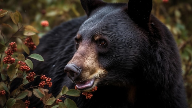 Een zwarte beer eet bessen in de herfst.