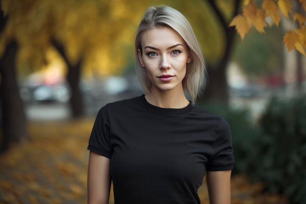 Een zwarte blanco t-shirt gedragen door een casual stijl vrouwelijk model, het is herfst buiten