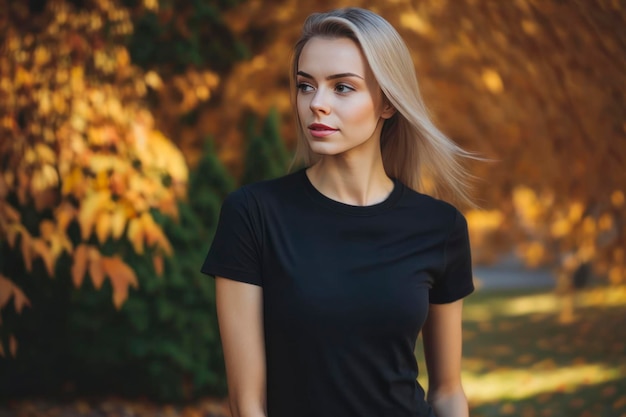 Een zwarte blanco t-shirt gedragen door een casual stijl vrouwelijk model, het is herfst buiten