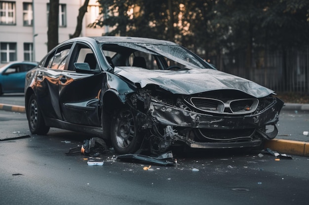 Een zwarte bmw met een kapotte voorruit en het woord bmw erop.