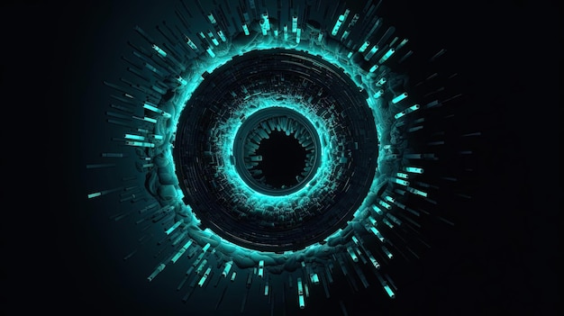 een zwarte cirkel omringd door blauwe en turquoise pinnen in de stijl van dynamisch en expressief