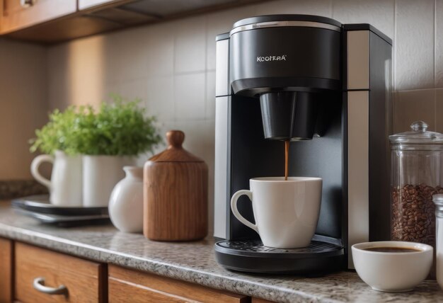 Een zwarte druppel elektrische koffiemachine met een glazen theepot brouwt een ochtenddrank huishoudelijke apparaten een witte beker en een pot bonen op de keukentafel op het toonbankje thuis