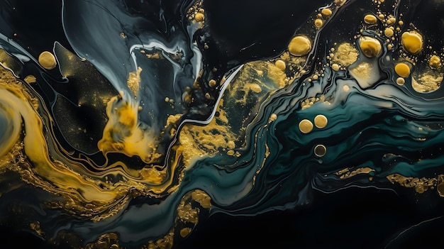 Een zwarte en gouden achtergrond met gouden bubbels en de woorden goud erop