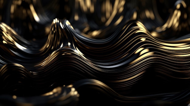 Een zwarte en gouden golvende glanzende abstracte achtergrond Generatieve AI