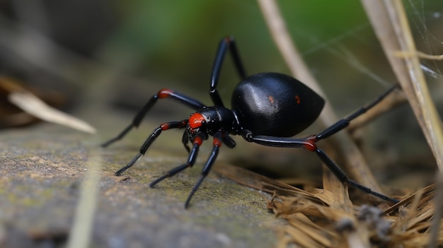 een zwarte en rode spin met een rood gezicht zit op een houten oppervlak.