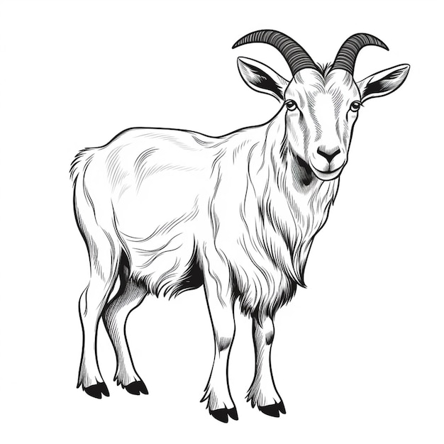 een zwarte en witte geit met lange hoorns die op een witte achtergrond staat