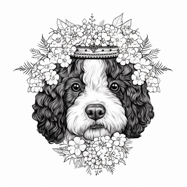 een zwarte en witte hond met een kroon op zijn hoofd generatieve ai