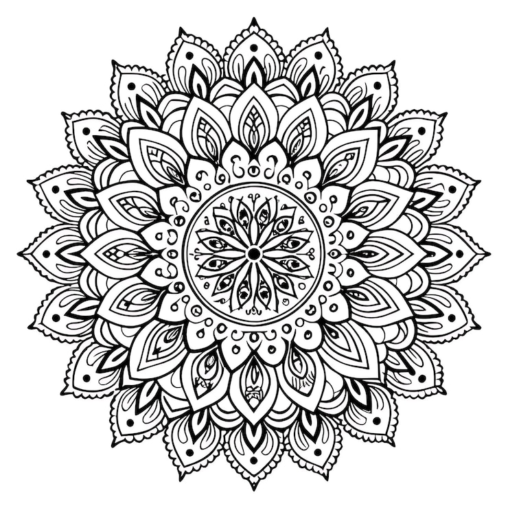 Foto een zwarte en witte mandala met een wit ontwerp dat zegt mandalas