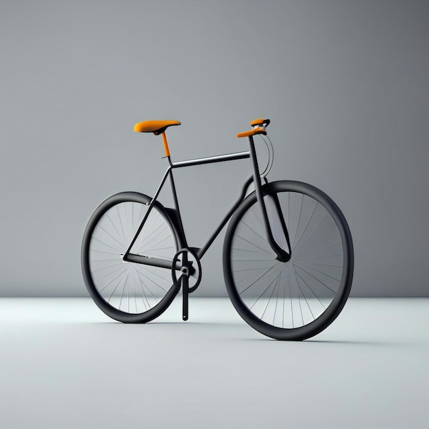 een zwarte fiets met oranje handgrepen staat in een witte kamer.