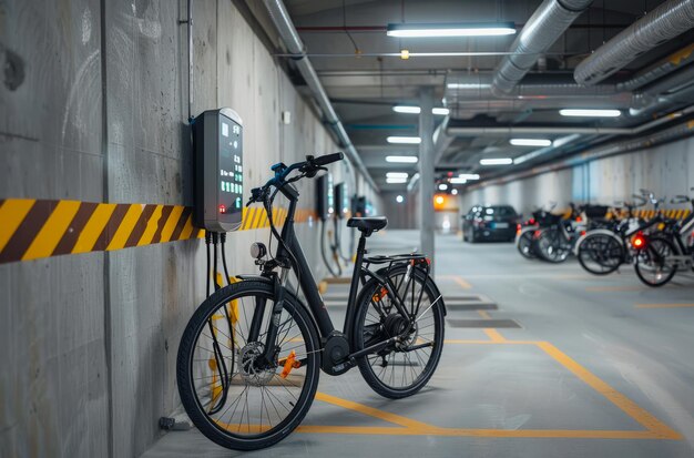 Een zwarte fiets staat geparkeerd in een parkeergarage. De fiets is verbonden met een oplaadstation.