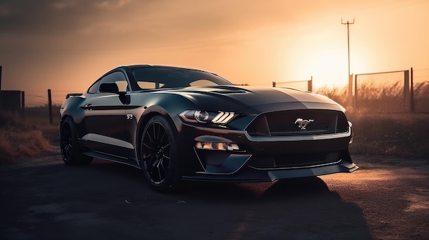 Een zwarte Ford Mustang staat geparkeerd voor een zonsondergang.