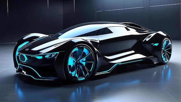 Een zwarte futuristische auto met blauwe lichten op de wielen en koplampen