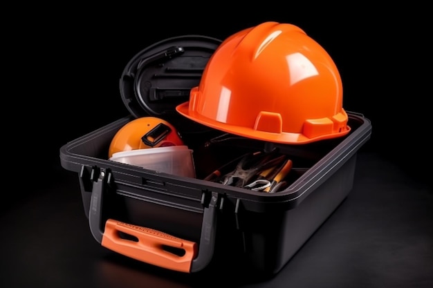 Een zwarte gereedschapskist met oranje helm en gereedschap erin.