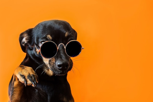 Een zwarte hond met een bril op een rode ondergrond