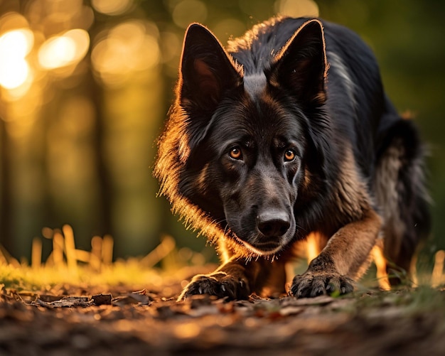 een zwarte hond met een witte streep die door het bos rent