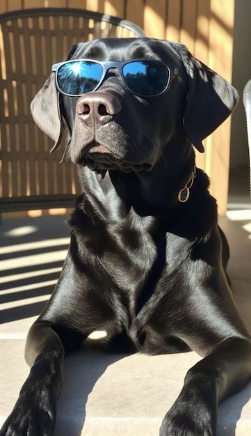 Een zwarte hond met een zonnebril zit op een veranda.