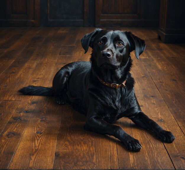 een zwarte hond zit op een houten vloer met een bruine kraag