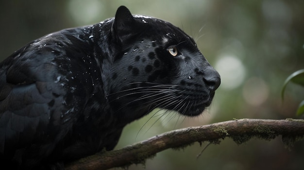 Foto een zwarte jaguar zit op een tak in het bos.