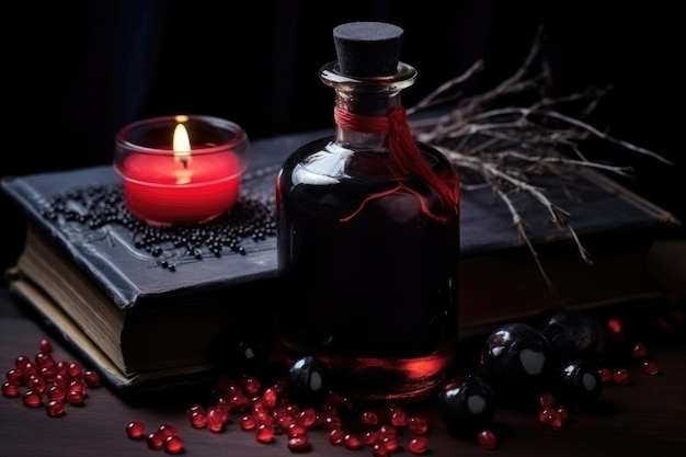 Een zwarte kaars met een rood drankje.
