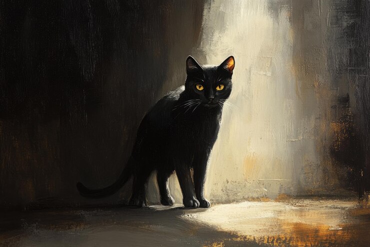 Een zwarte kat die in een lichtstraal staat
