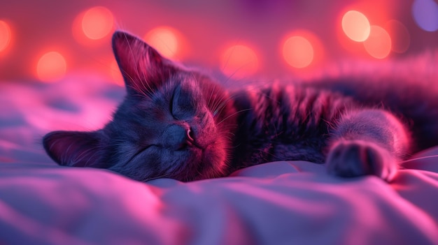 Een zwarte kat die op het bed slaapt Studio neonlicht