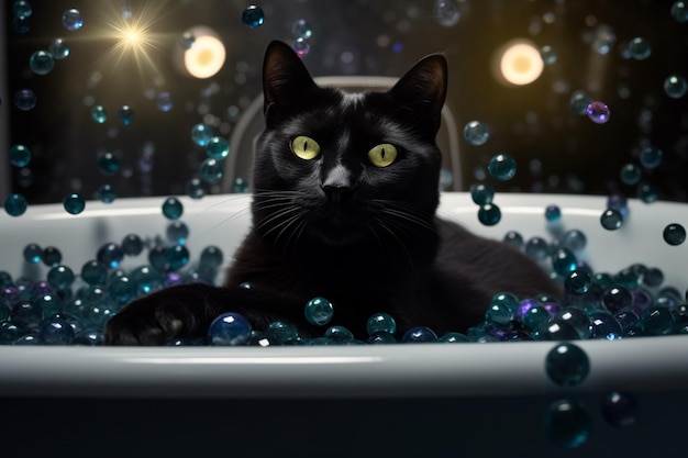Een zwarte kat in een bubbelbad met blauwe ballen op de achtergrond