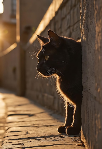 een zwarte kat kijkt uit een muur met de zon die erop schijnt