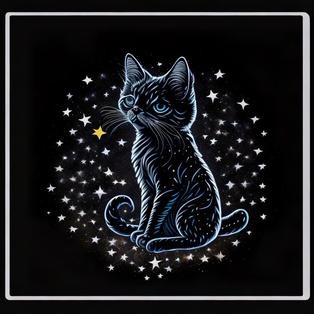 Een zwarte kat met blauwe ogen zit voor een sterrenhemel.