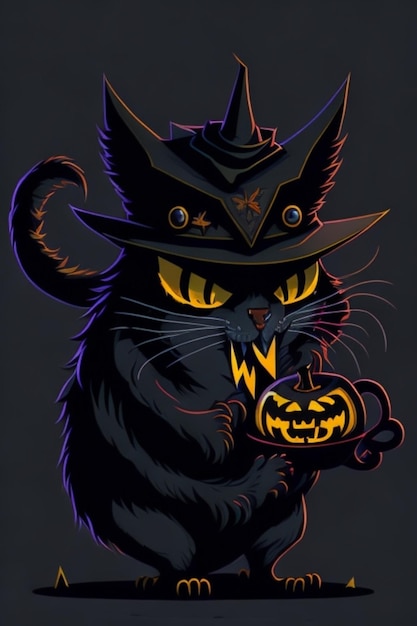 Een zwarte kat met een halloween hoed op zijn hoofd.