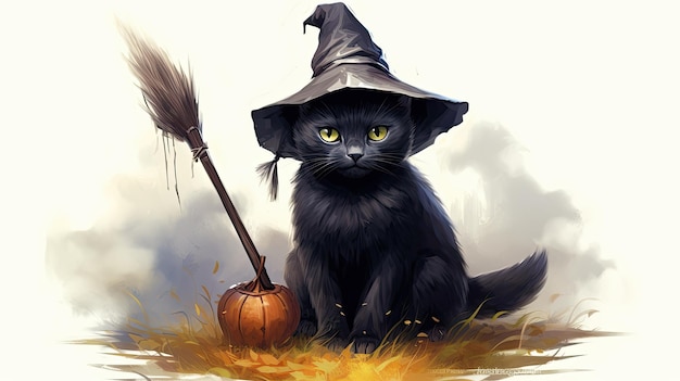 een zwarte kat met een heksenhoed en een bezem