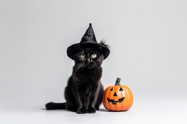 een zwarte kat met een heksenhoed en zittend naast een pompoen