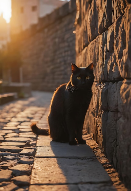 een zwarte kat met een kraag die op een stenen pad staat