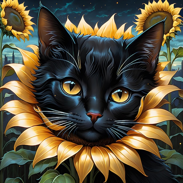 een zwarte kat met gele ogen en een zonnebloem die zegt quote de kat quote