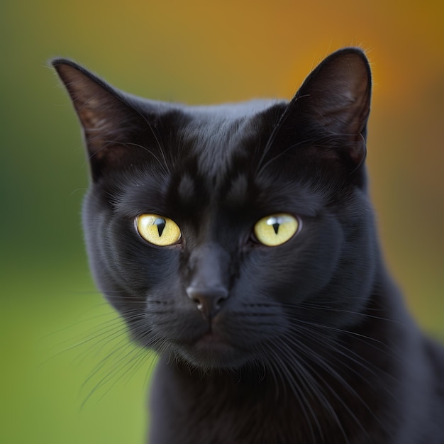 Een zwarte kat met gele ogen kijkt naar de camera.