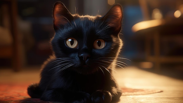 Een zwarte kat met gele ogen ligt op een tapijt.