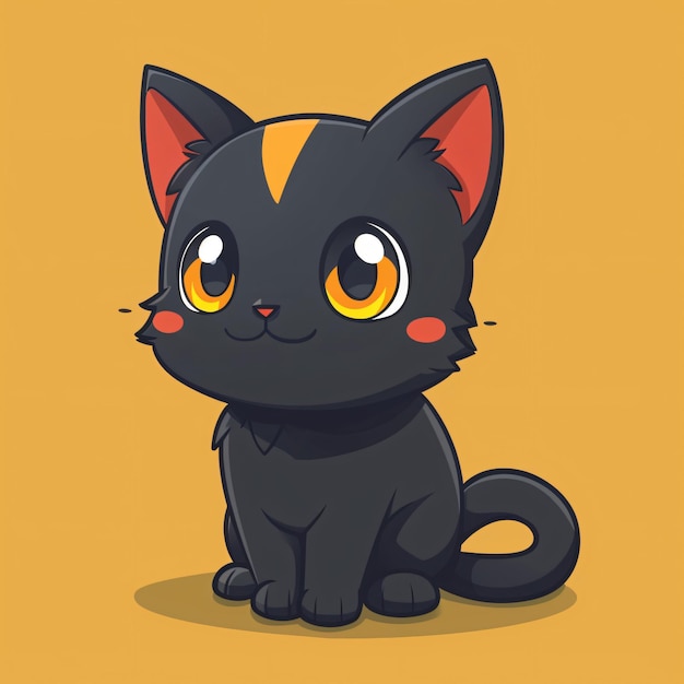 Een zwarte kat met gele ogen zit neer