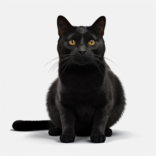 Een zwarte kat met gele ogen zit op een witte achtergrond.